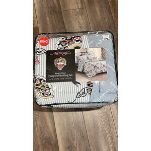 NWT Ed Hardy King 8 Piece Comforter Set Blue White Stripe Floral Rose